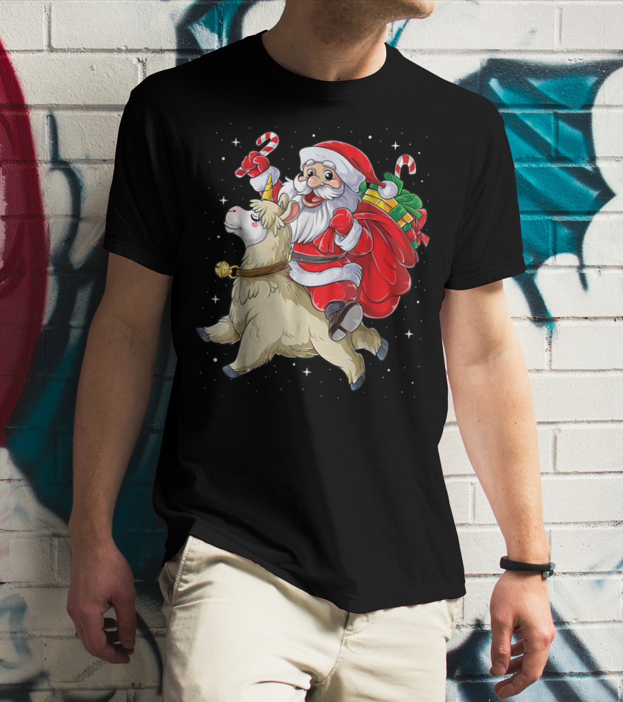 Santa Claus Riding Llamacorn Unicorn With Candy Canes And Gifts T-Shirt
