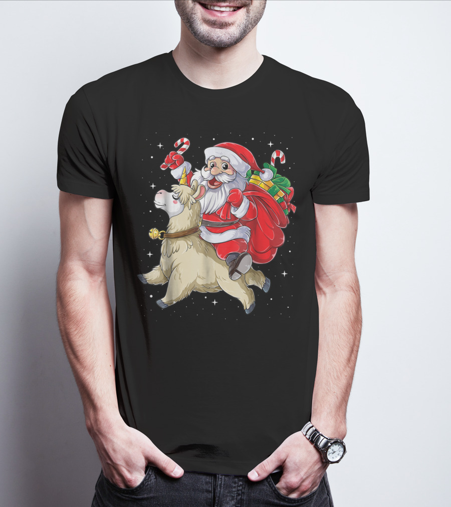 Santa Claus Riding Llamacorn Unicorn With Candy Canes And Gifts T-Shirt