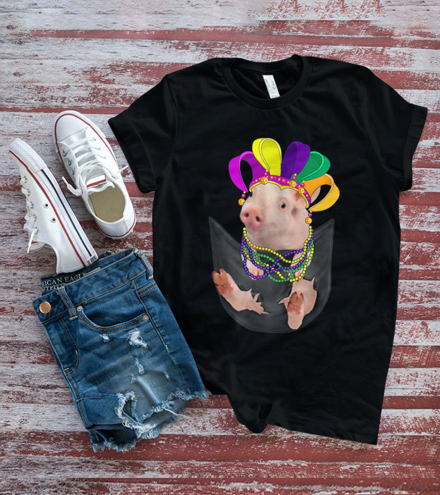 Mardi Gras Pig In Your Pocket With Colorful Beads And Jester Hat Farm Animal T-Shirt