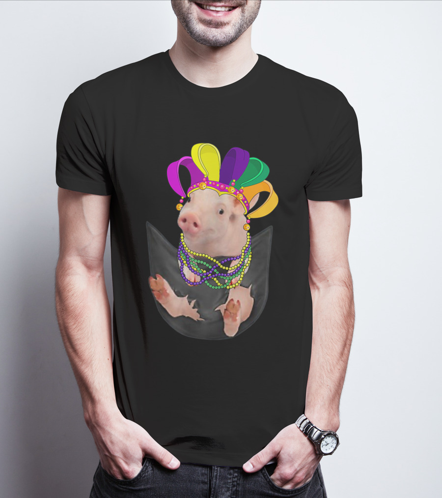 Mardi Gras Pig In Your Pocket With Colorful Beads And Jester Hat Farm Animal T-Shirt
