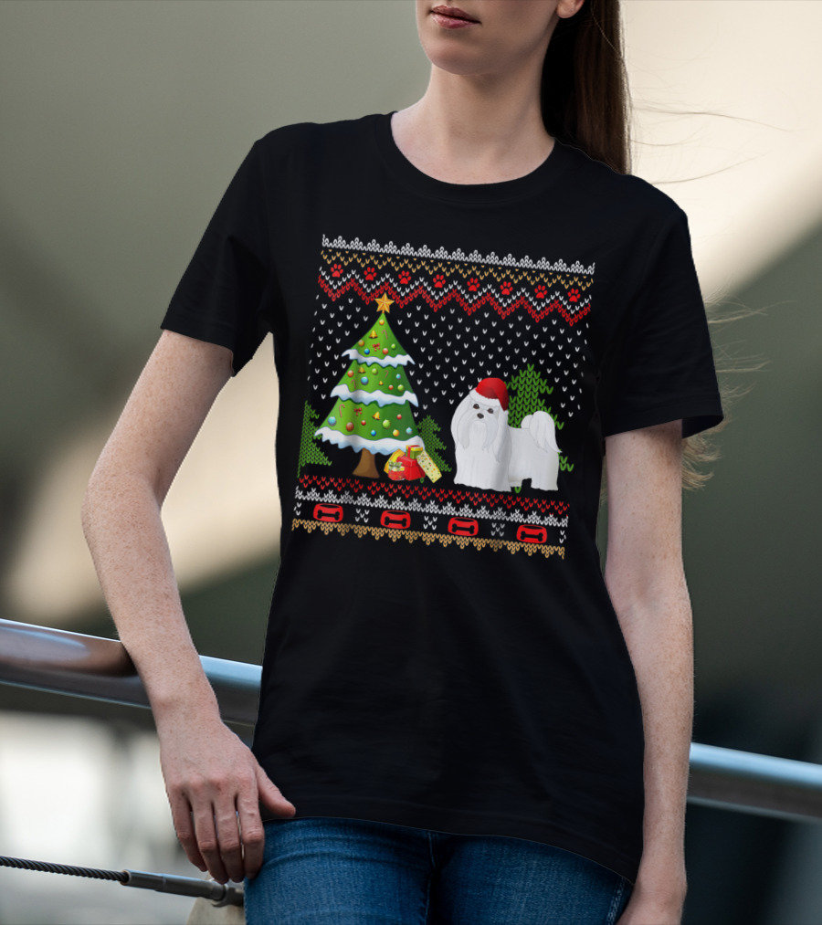 Maltese Santa Christmas UglyDog With Festive Tree And Gifts T-Shirt