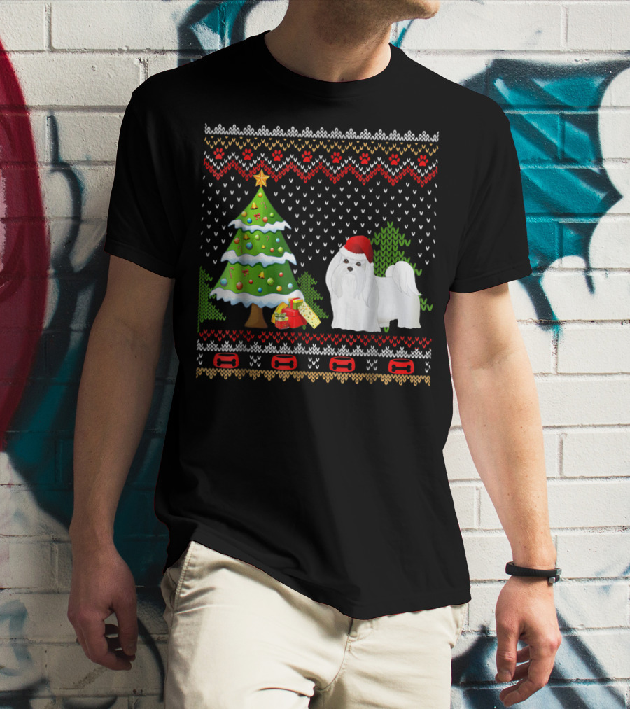 Maltese Santa Christmas UglyDog With Festive Tree And Gifts T-Shirt