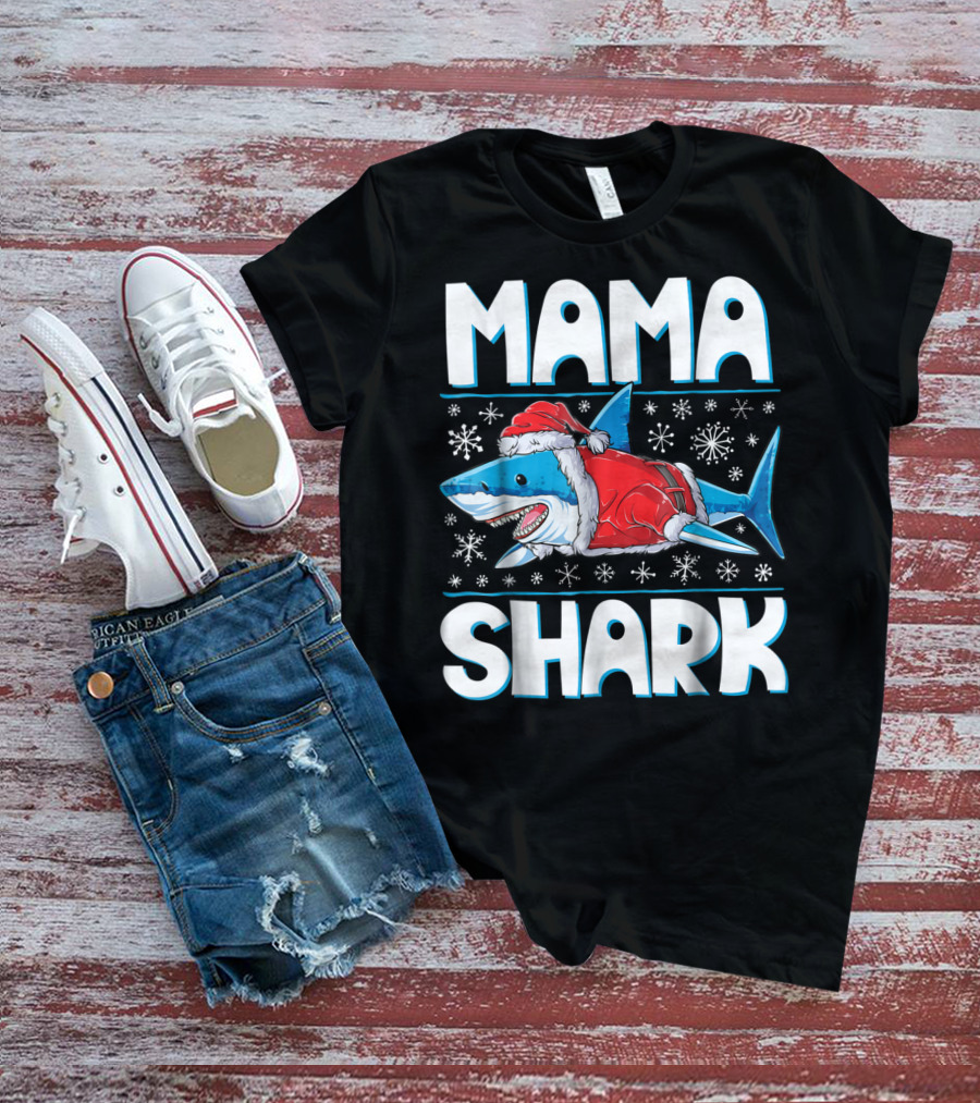 Mama Shark Santa Festive Snowflakes T-Shirt