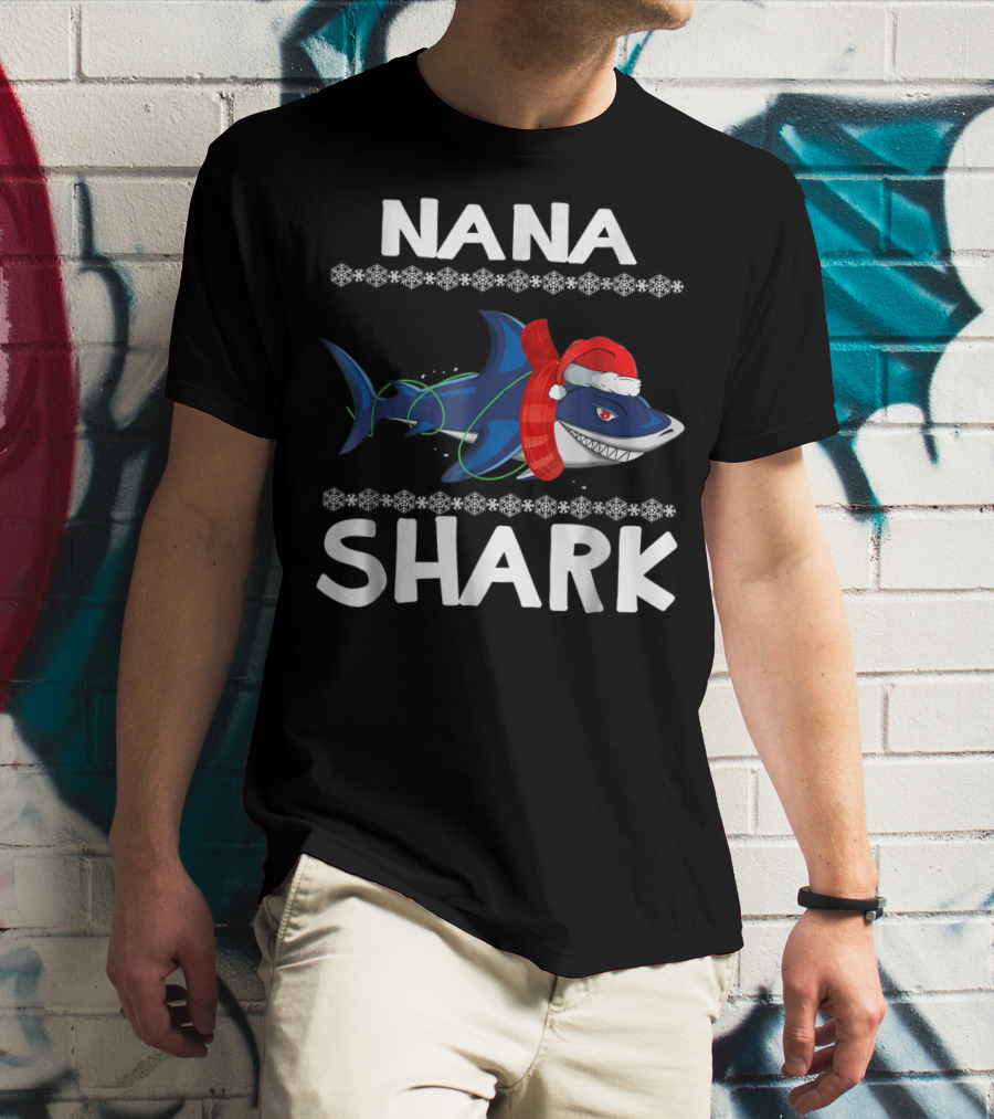 Nana Shark Christmas Sweater With Santa Hat And Snowflakes T-Shirt