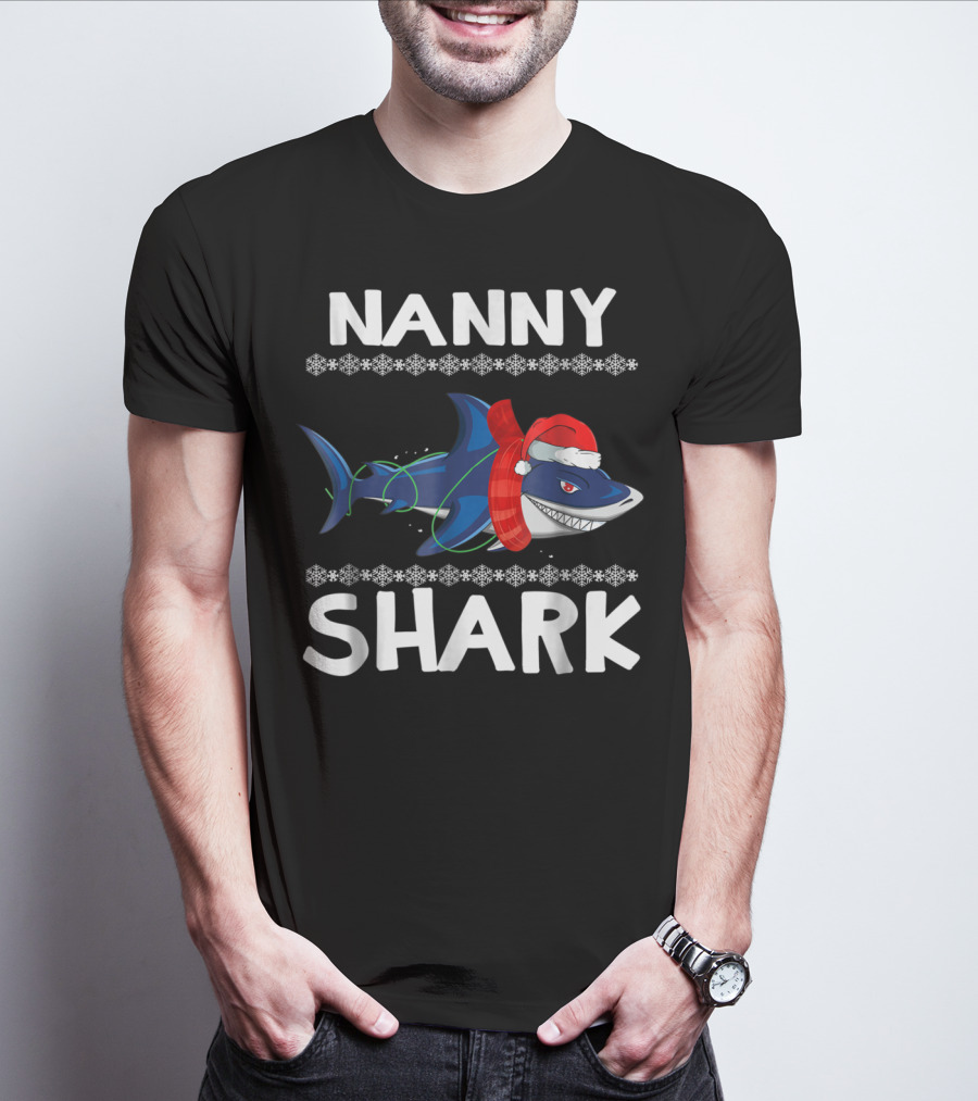 Nanny Shark Christmas Family Santa Hat Snowflakes T-Shirt