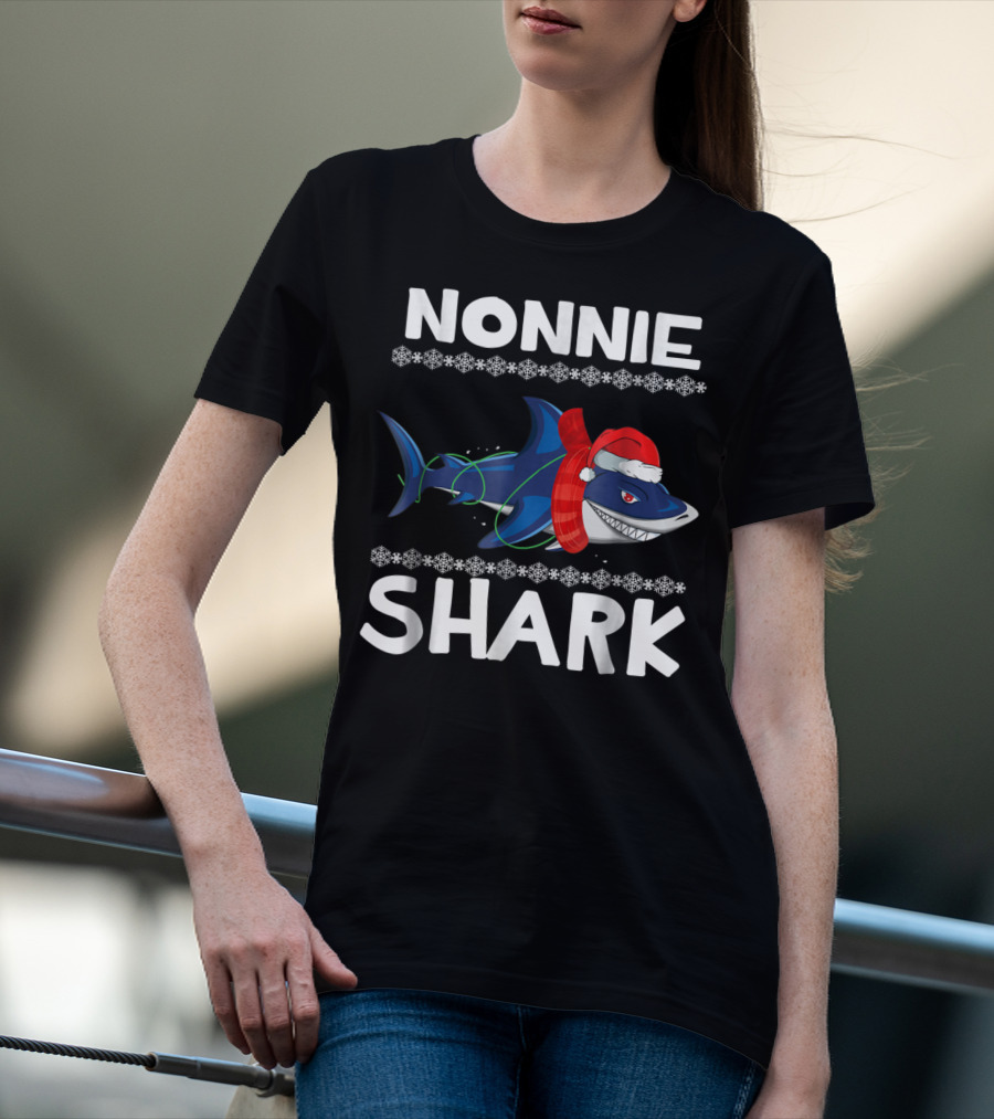 Nonnie Shark Christmas Family With Santa Hat And Scarf T-Shirt