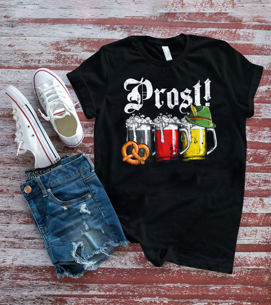 Prost Beer German Flag Oktoberfest With Pretzel And Bavarian Hat T-Shirt