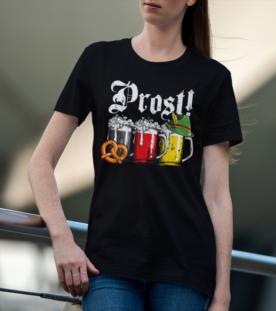 Prost Beer German Flag Oktoberfest With Pretzel And Bavarian Hat T-Shirt