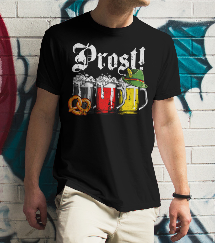 Prost Beer German Flag Oktoberfest With Pretzel And Bavarian Hat T-Shirt