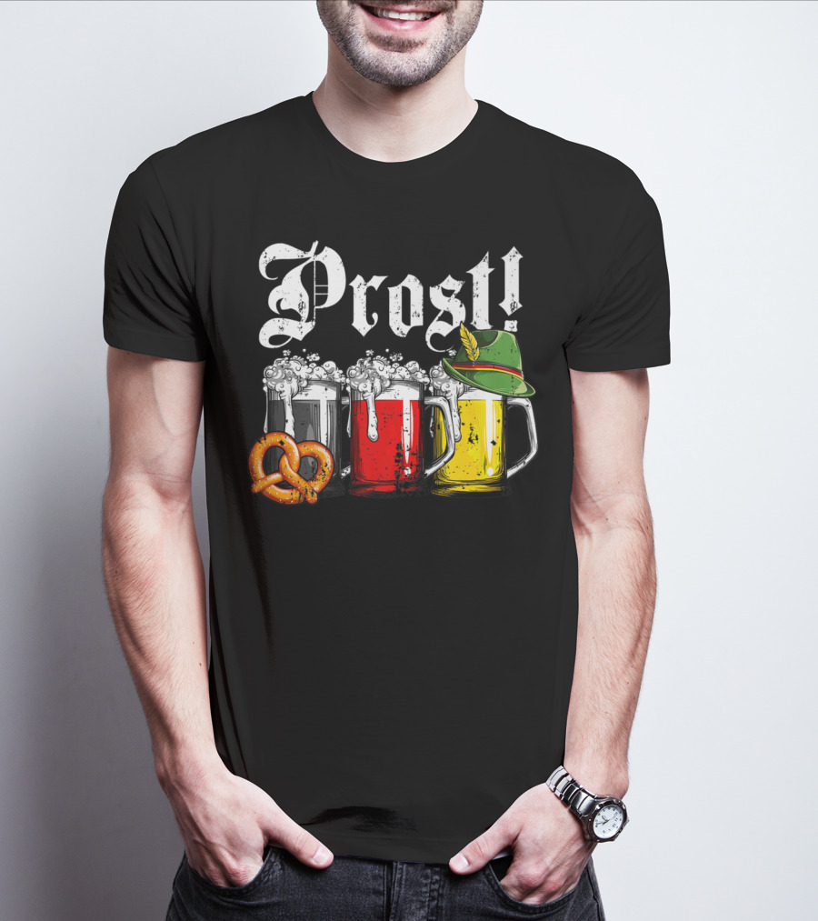 Prost Beer German Flag Oktoberfest With Pretzel And Bavarian Hat T-Shirt