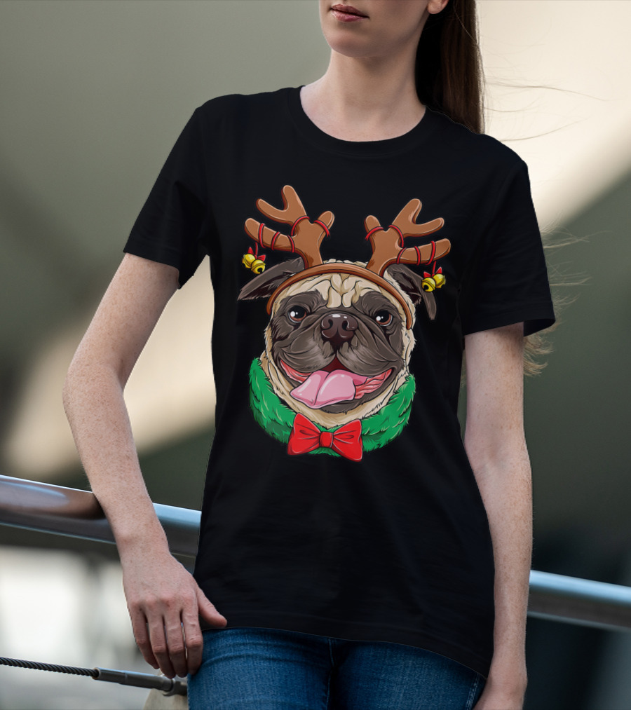 Pug Christmas Reindeer Antlers Dog Xmas Girls S6 Holiday Bow Wrapping Bells T-Shirt