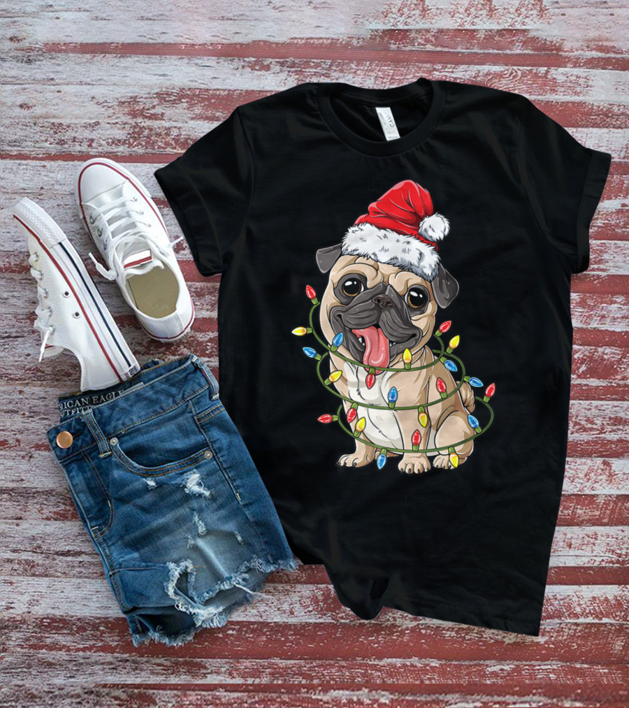 Pug Wearing Santa Hat Wrapped In Xmas Lights For Christmas T-Shirt