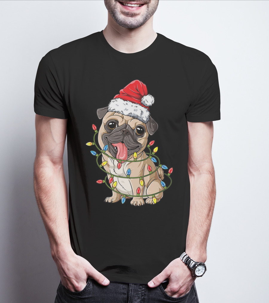 Pug Wearing Santa Hat Wrapped In Xmas Lights For Christmas T-Shirt
