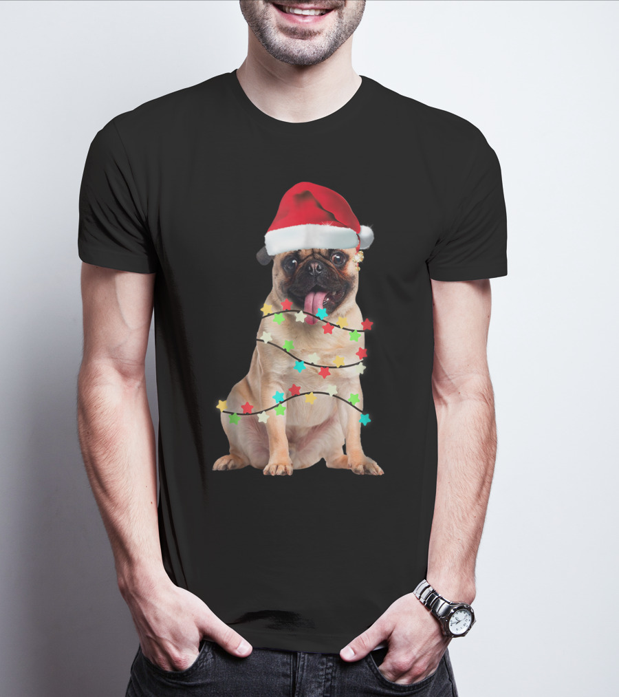 Pug Santa Christmas Light Wrapping Festive Holiday Hat T-Shirt