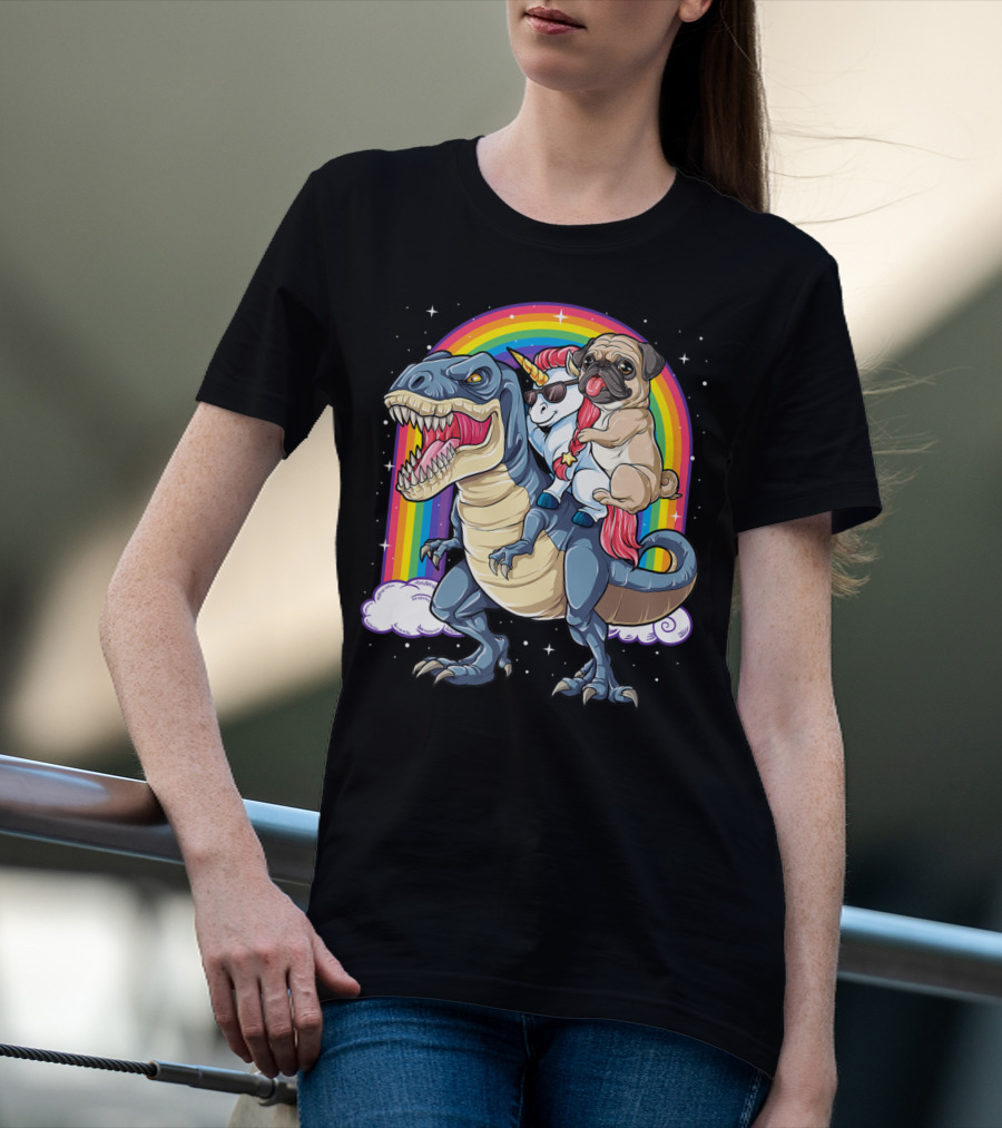 Pug Unicorn Riding Dinosaur With Rainbow Kids Girls Women T-Shirt