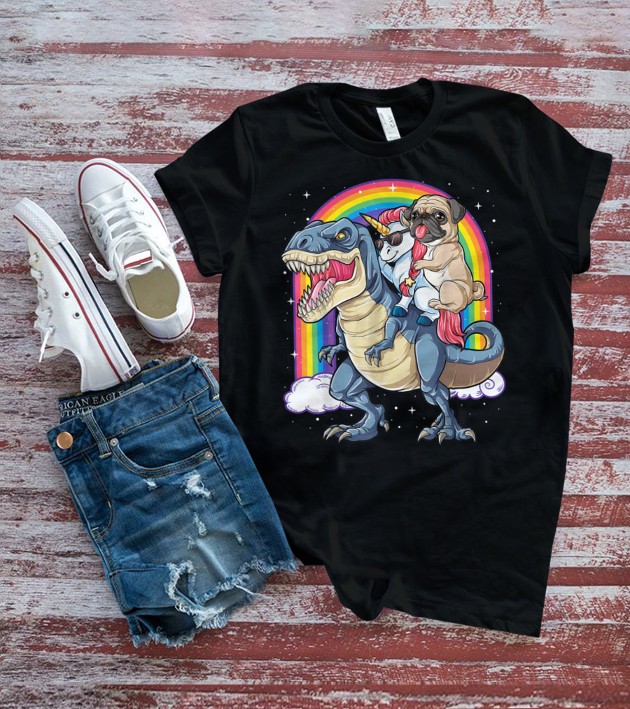 Pug Riding Unicorn Riding Dinosaur Under Rainbow T-Shirt
