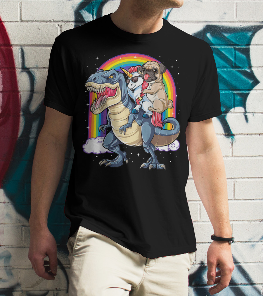 Pug Riding Unicorn Riding Dinosaur Under Rainbow T-Shirt