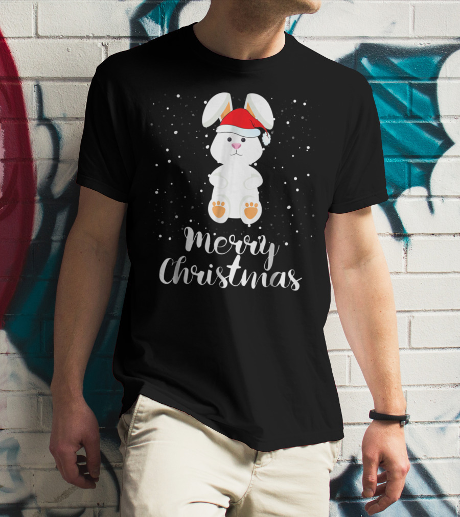 Merry Christmas Rabbit Funny Santa Hat Matching Family Group T-Shirt