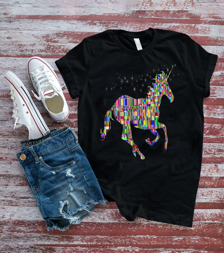 Riding Unicorn Rawr Sparkling Rainbow Stripes T-Shirt