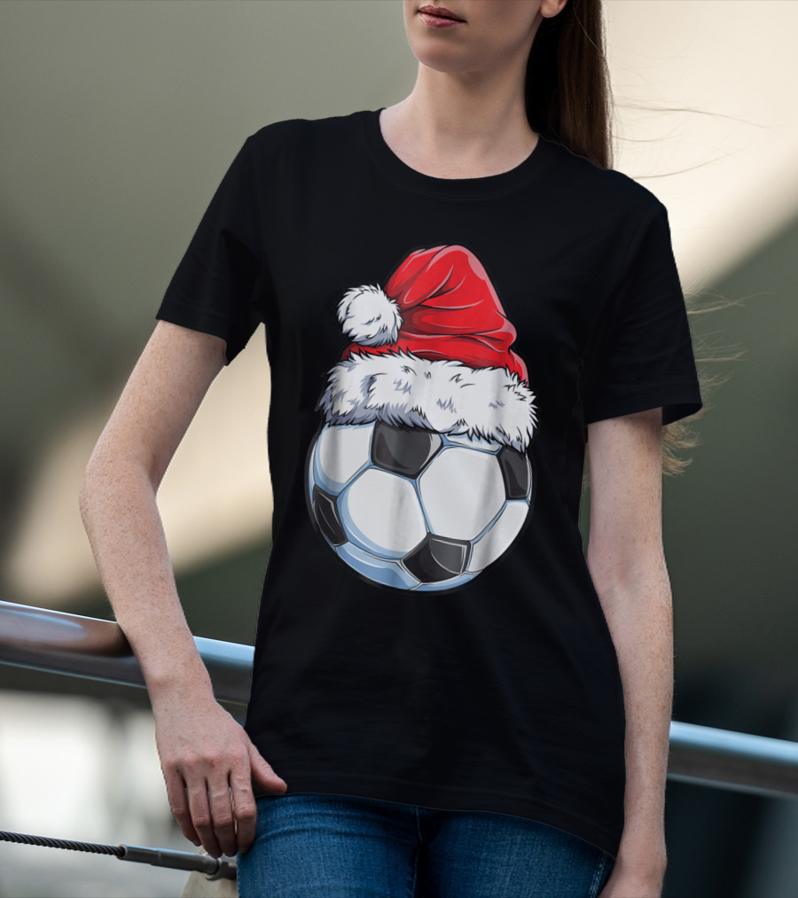 Santa Hat On Soccer Ball Christmas Xmas T-Shirt
