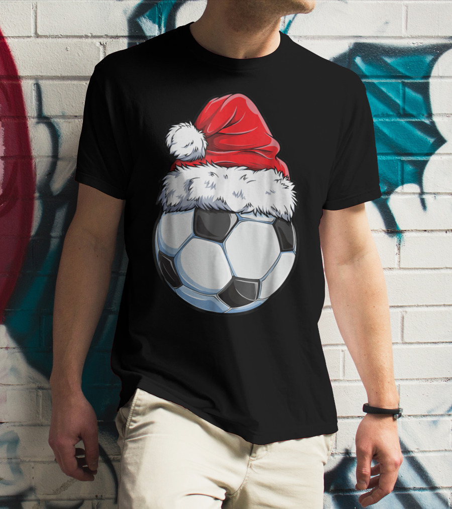 Santa Hat On Soccer Ball Christmas Xmas T-Shirt