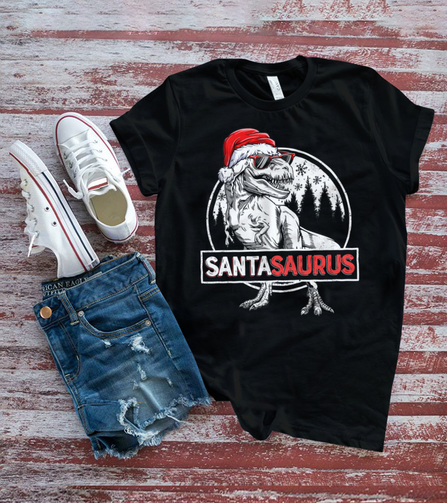 Santasaurus Dinosaur Rex Christmas T-Rex Wearing Santa Hat And Sunglasses T-Shirt