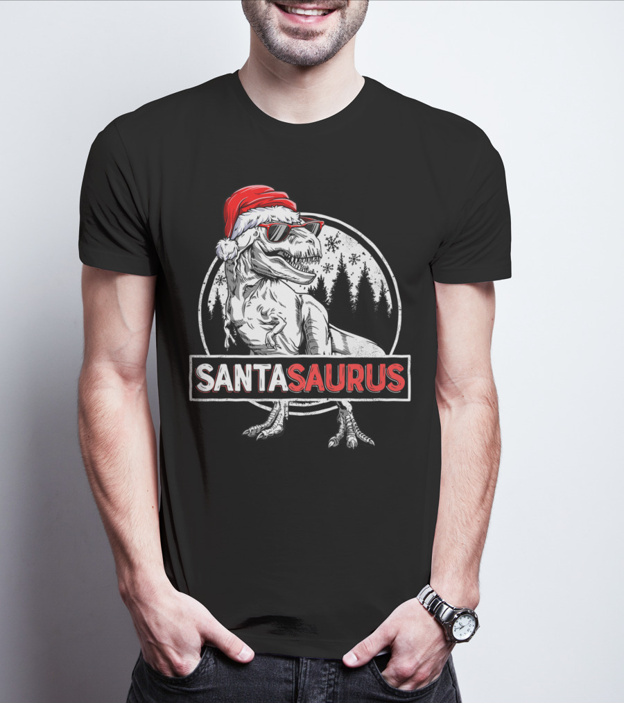 Santasaurus Dinosaur Rex Christmas T-Rex Wearing Santa Hat And Sunglasses T-Shirt