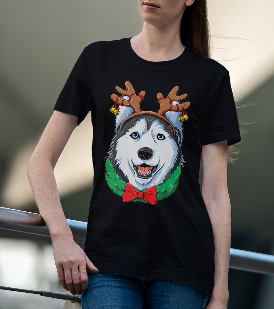 Siberian Husky With Christmas Reindeer Antlers And Festive Bow T-Shirt