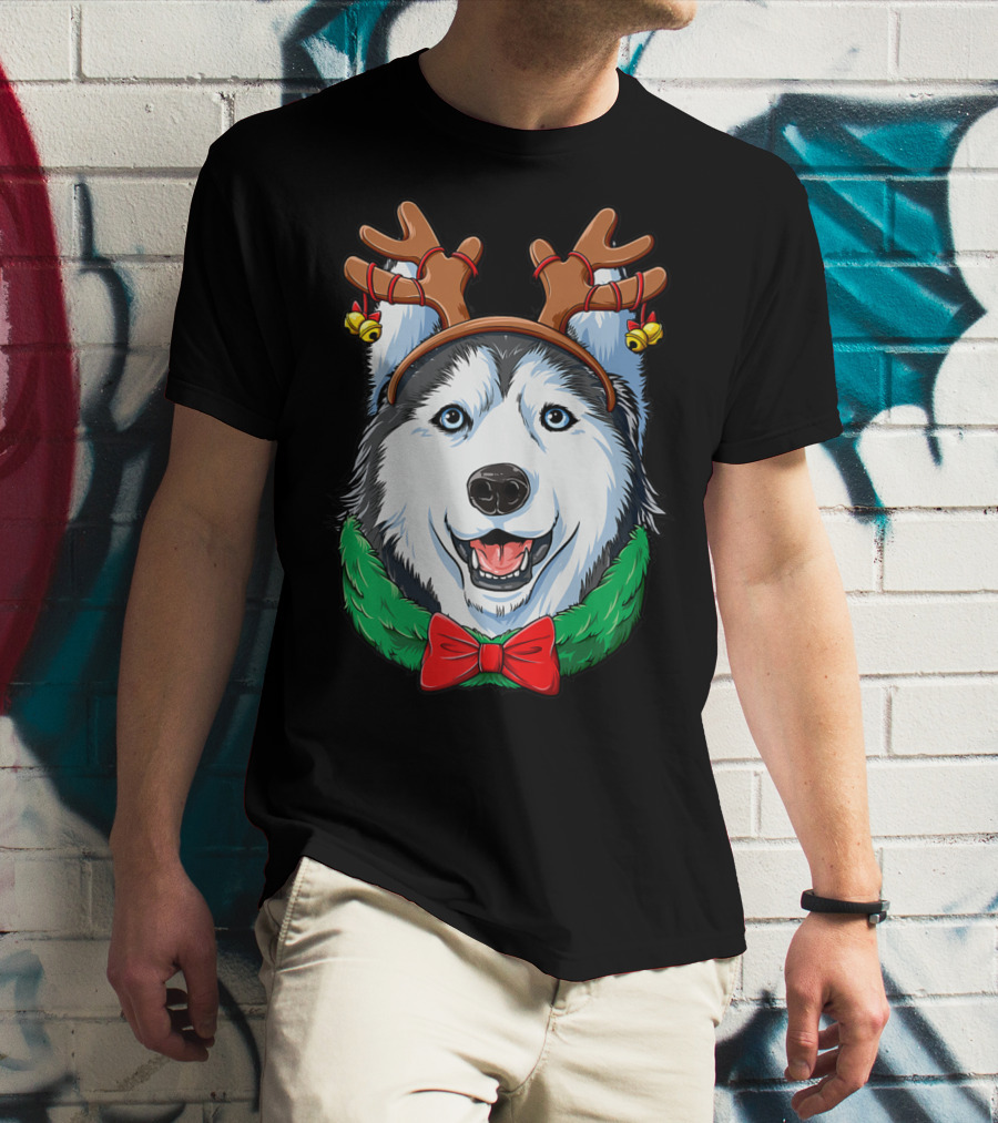 Siberian Husky With Christmas Reindeer Antlers And Festive Bow T-Shirt