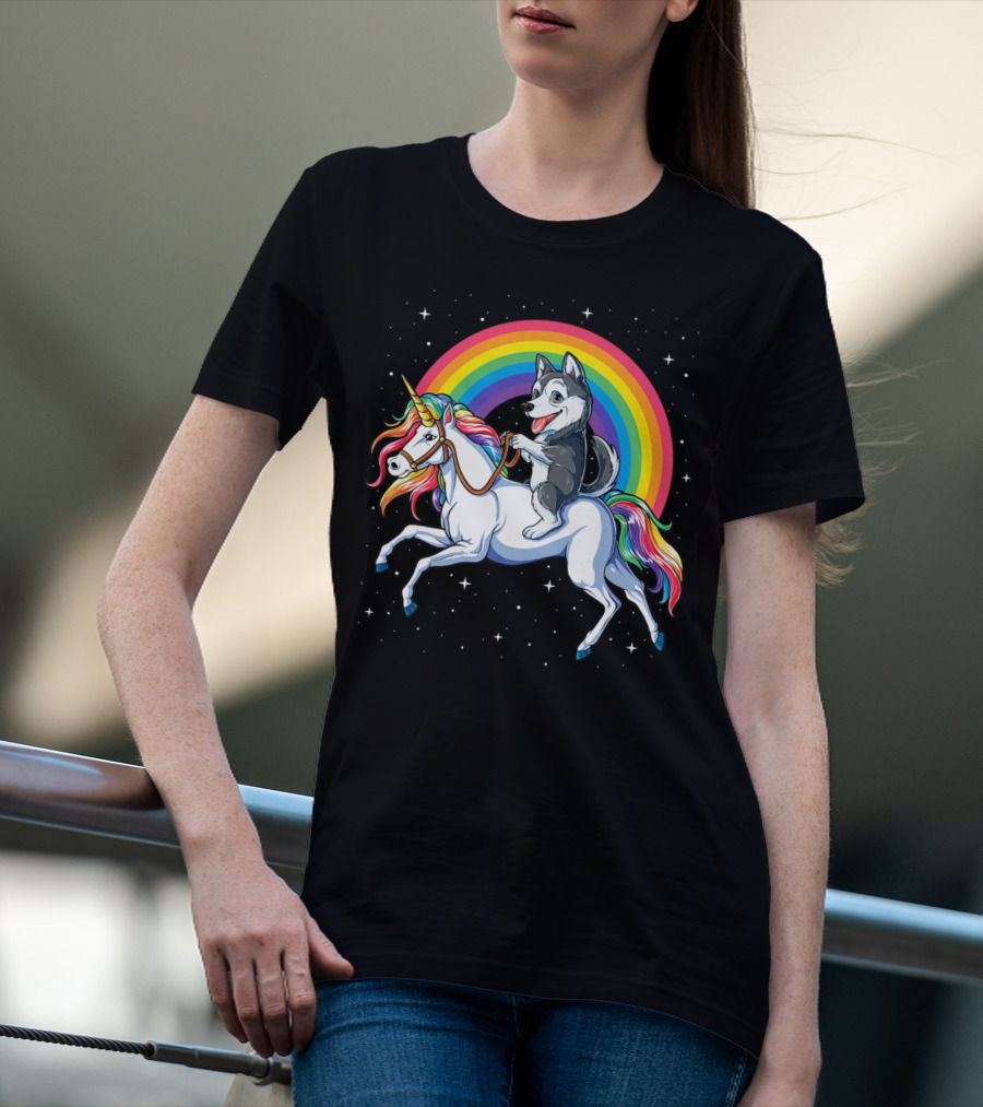 Siberian Husky Riding Rainbow Unicorn In Space Galaxy MK Women's T-Shirt