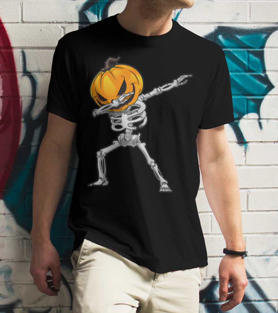 Skeleton Dabbing Halloween Scary Pumpkin Head Dance T-Shirt