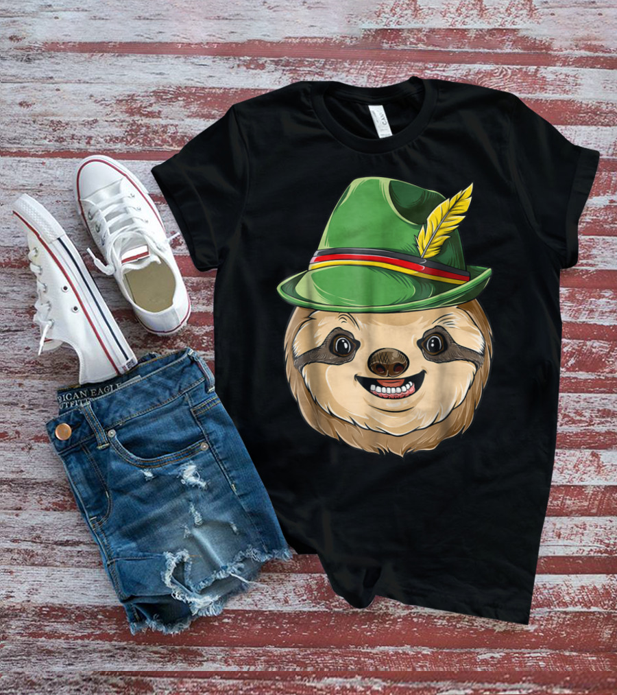 Sloth Oktoberfest Lederhosen Hat With Feather T-Shirt