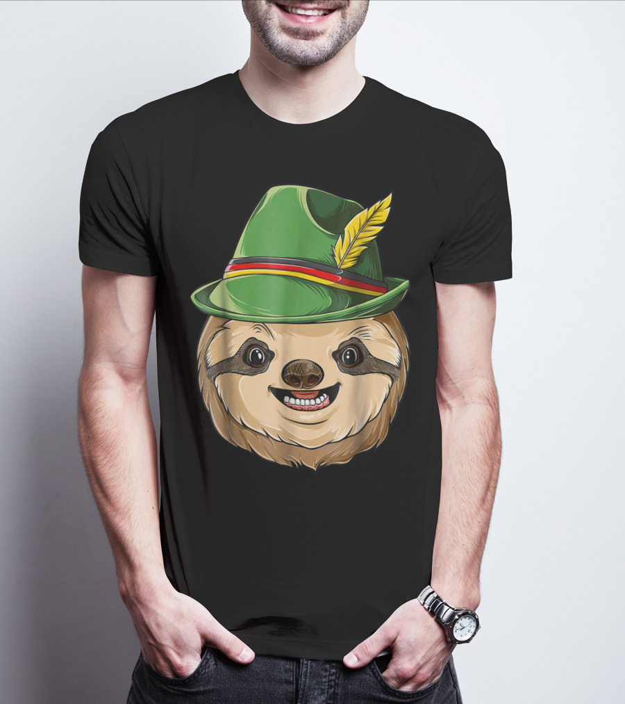 Sloth Oktoberfest Lederhosen Hat With Feather T-Shirt