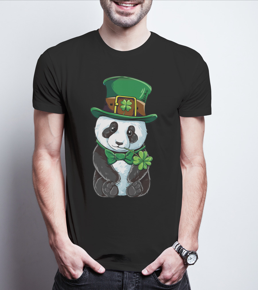 St Patricks Day Leprechaun Panda With Clover Cute Irish T-Shirt