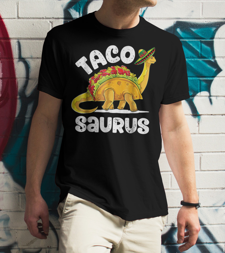Tacosaurus Dinosaur Wearing Sombrero With Taco Shell Saddle T-Shirt
