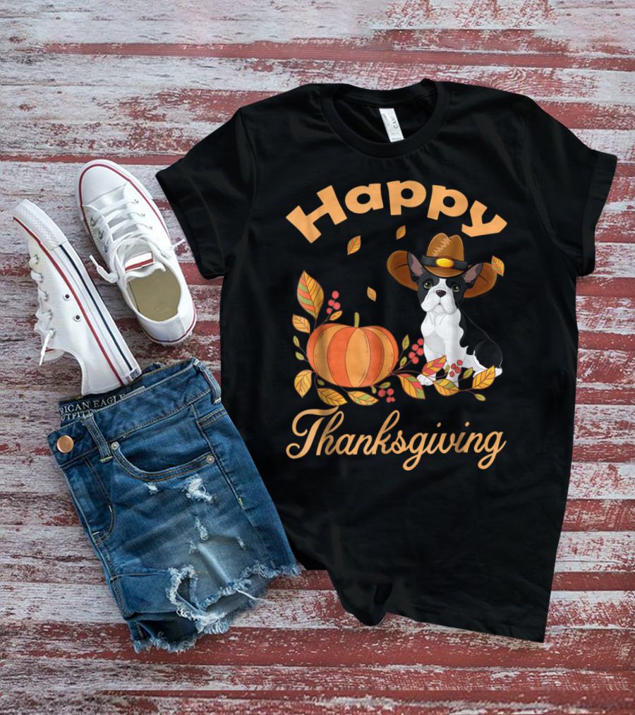 Happy Thanksgiving French Bulldogs Pilgrim Pumpkin Leaves T-Shirt