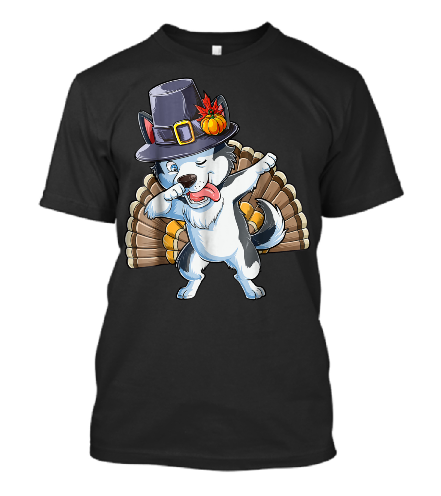 Thanksgiving Dabbing Siberian Husky In Pilgrim Hat With Turkey Feathers T-Shirt