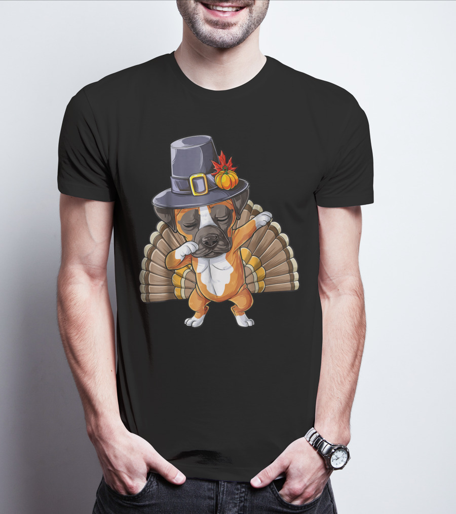Thanksgiving Dabbing Boxer Turkey Dog In Pilgrim Hat T-Shirt