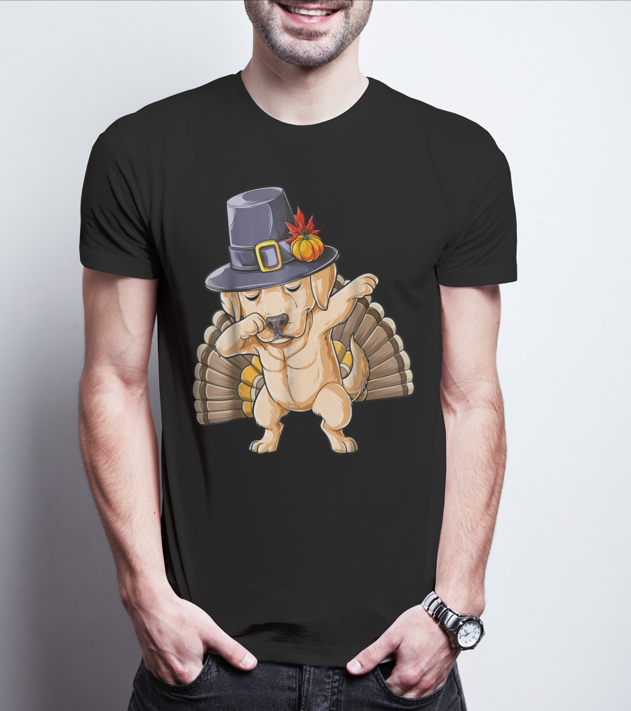 Thanksgiving Labrador Dabbing In Pilgrim Hat With Turkey Feathers T-Shirt