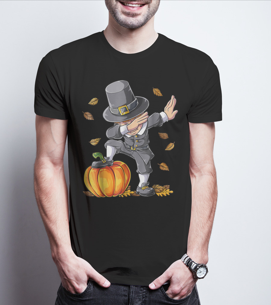 Thanksgiving Pilgrim Dabbing Kid With Pumpkin And Autumn Leaves T-Shirt