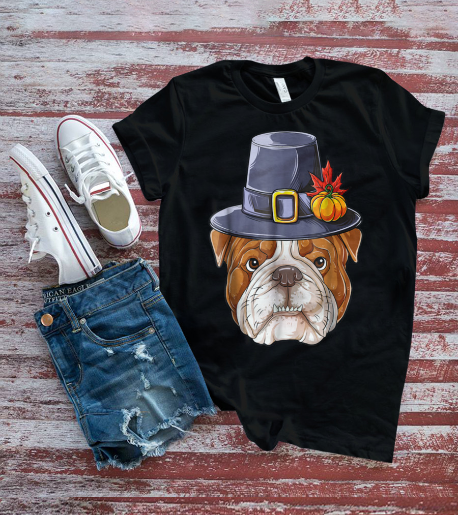 Thanksgiving Kids English Bulldog Pilgrim Hat Pumpkin Maple Leaf T-Shirt