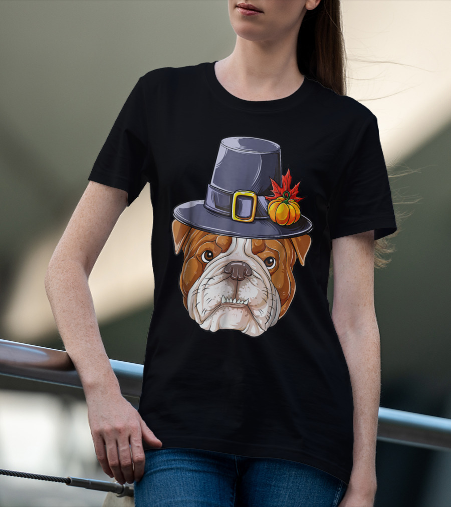 Thanksgiving Kids English Bulldog Pilgrim Hat Pumpkin Maple Leaf T-Shirt