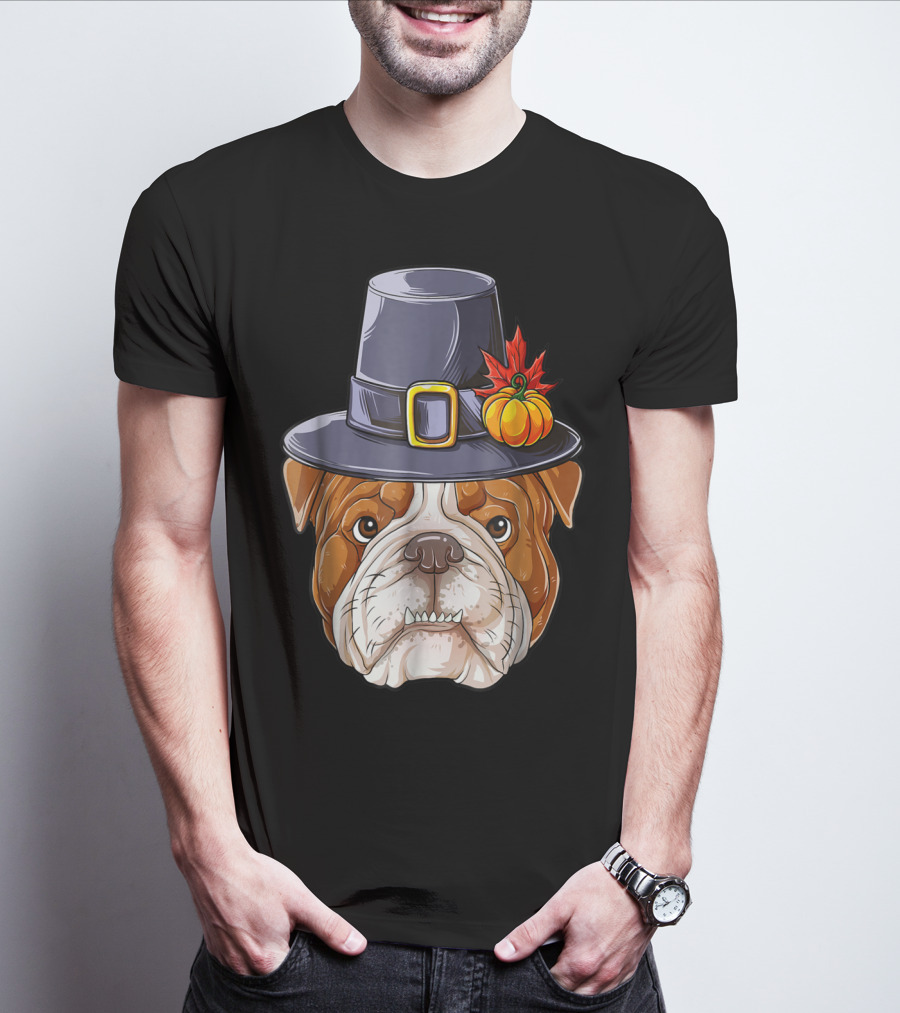Thanksgiving Kids English Bulldog Pilgrim Hat Pumpkin Maple Leaf T-Shirt