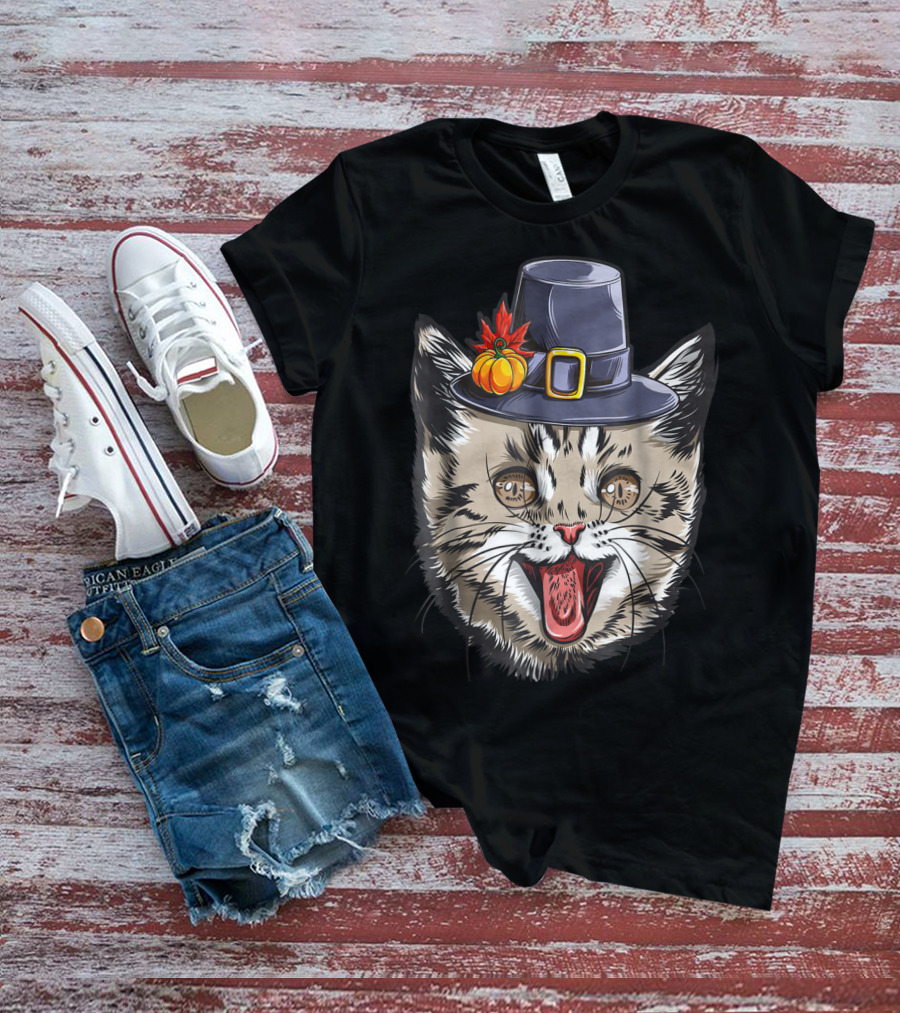 Thanksgiving Cat Pilgrim With Pumpkin Hat IY T-Shirt