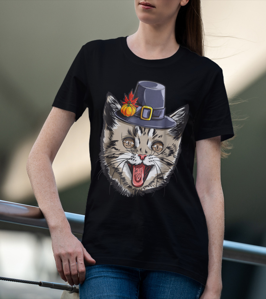 Thanksgiving Cat Pilgrim With Pumpkin Hat IY T-Shirt