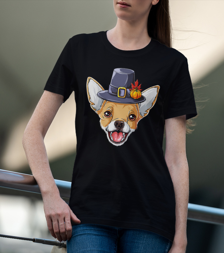 Pilgrim Hat Chihuahua With Thanksgiving Pumpkin And Leaf T-Shirt