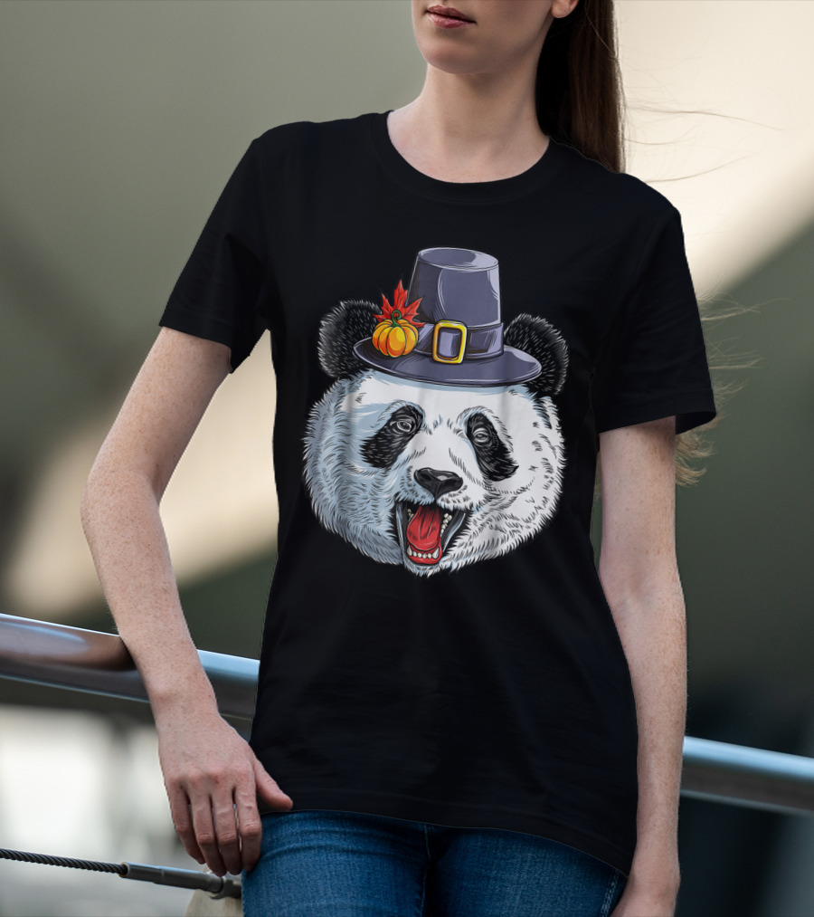Thanksgiving Panda In Pilgrim Hat With Pumpkin And Leaves T-Shirt