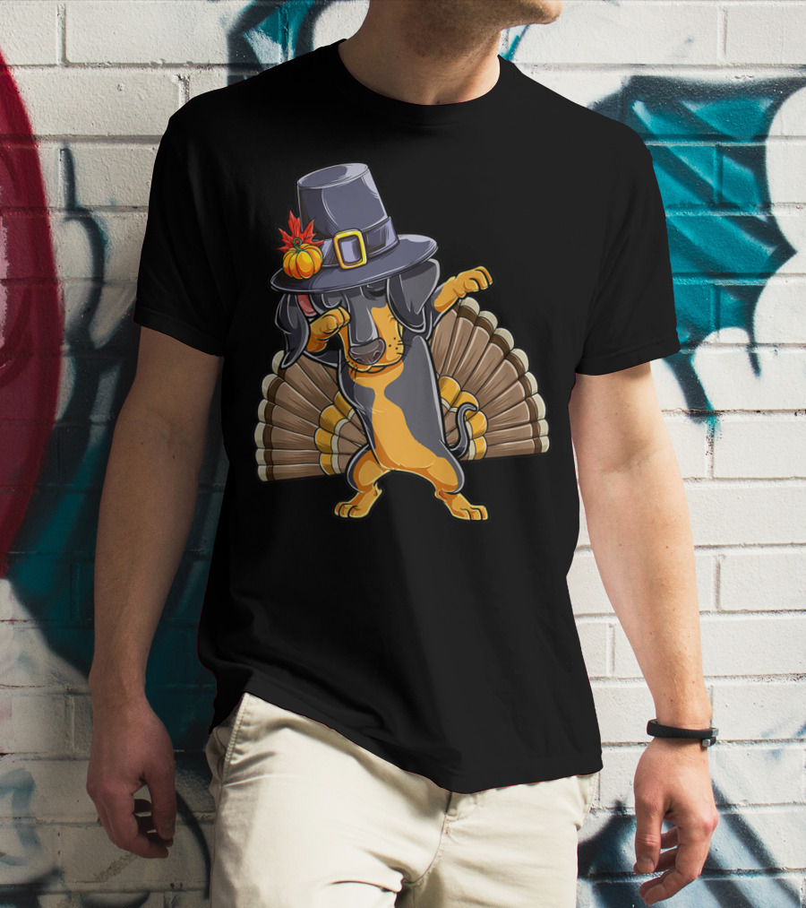 Thanksgiving Dabbing Dachshund Pilgrim Hat Turkey Tail T-Shirt