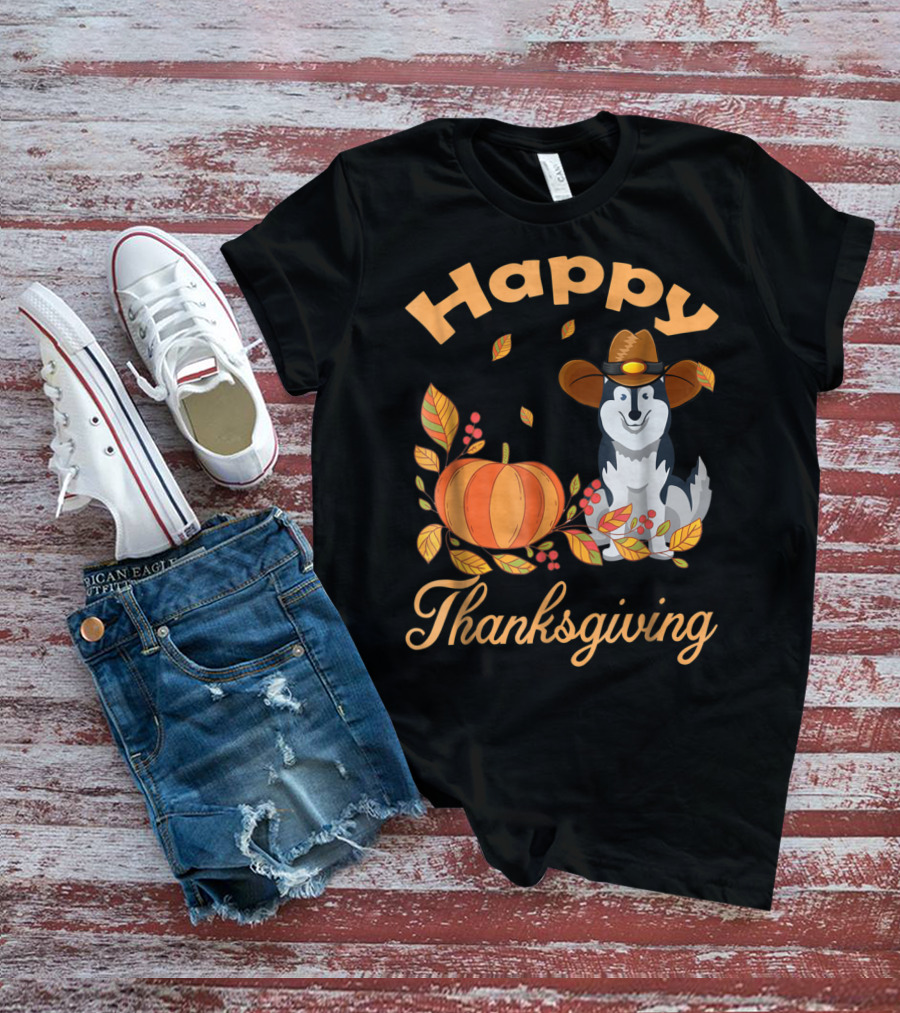 Happy Thanksgiving Siberian Husky With Pumpkin And Fall Leaves T-Shirt