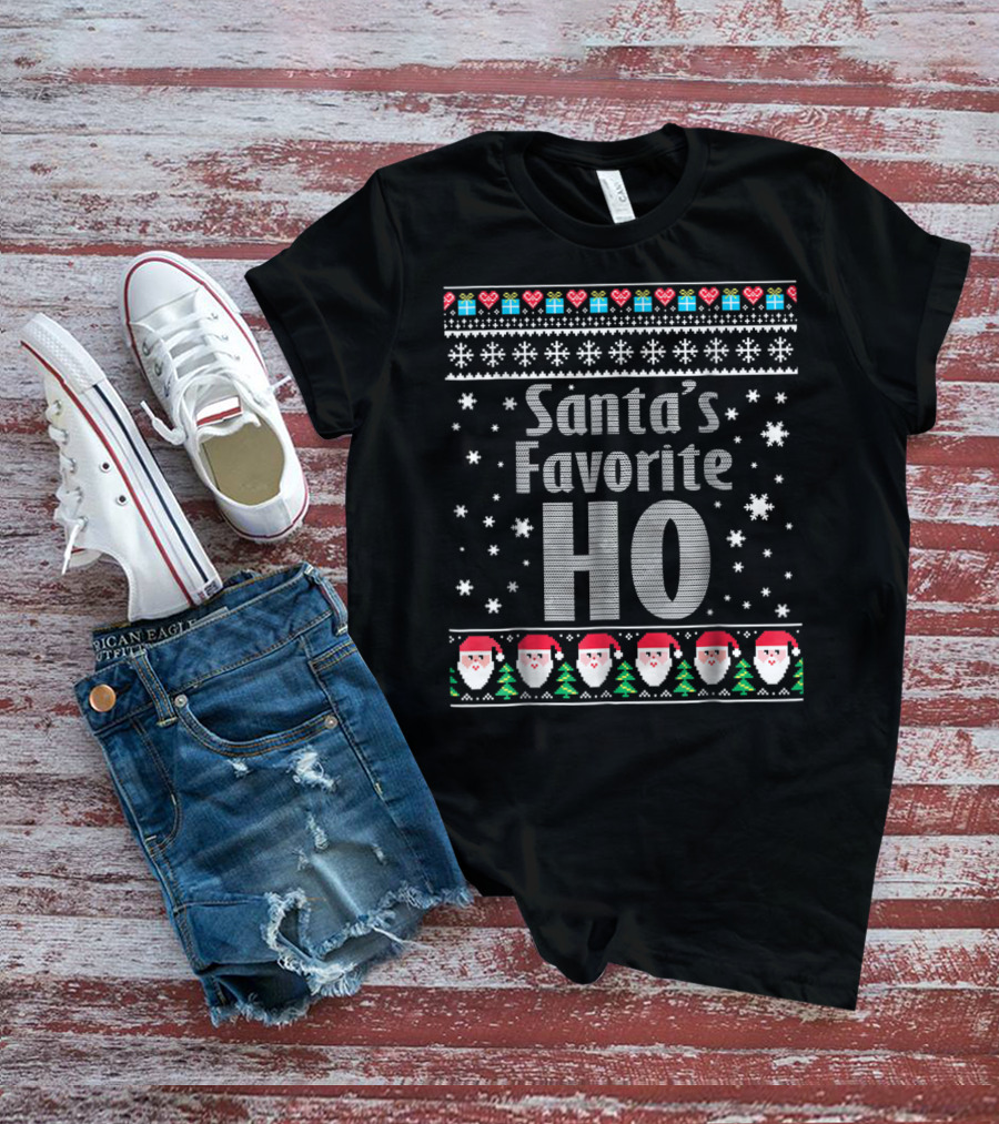 Santa's Favorite Ho Christmas Sweater Style Snowflakes And Santa Faces T-Shirt